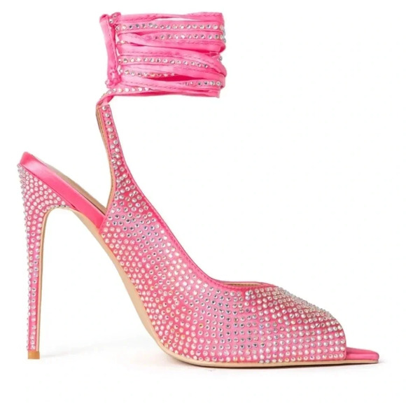 NIB CULT OF COQUETTE KIM PINK SATIN CRYSTAL OPEN TOE HEELS SHOES SIZE 10 - Picture 5 of 13